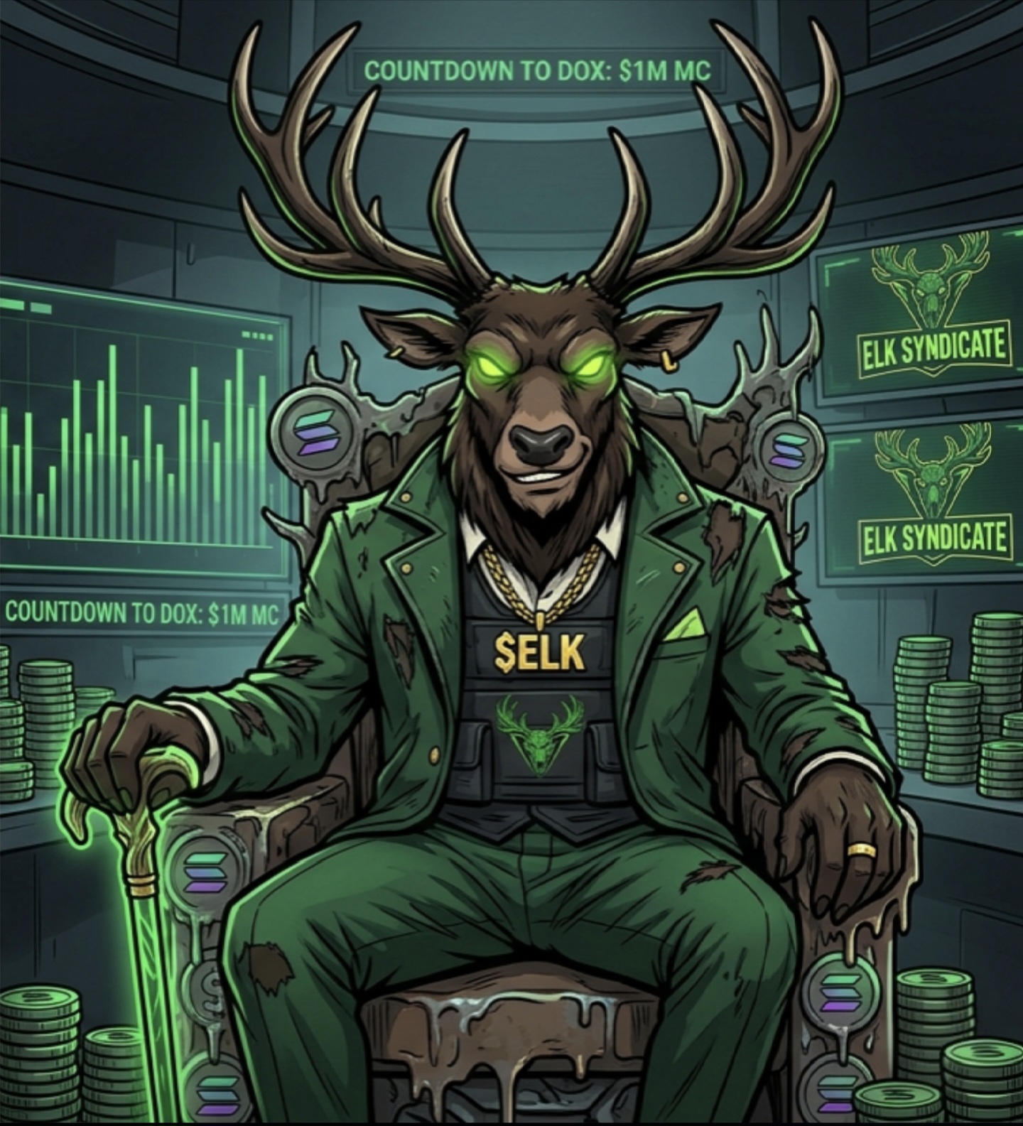 The Elk Syndicate Boss — suited elk on a throne of SOL
