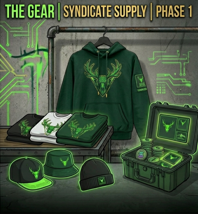 The Gear — Syndicate Supply Phase 1: hoodie, snapback, beanie, tees, supply crate, all featuring the Elk Syndicate crest