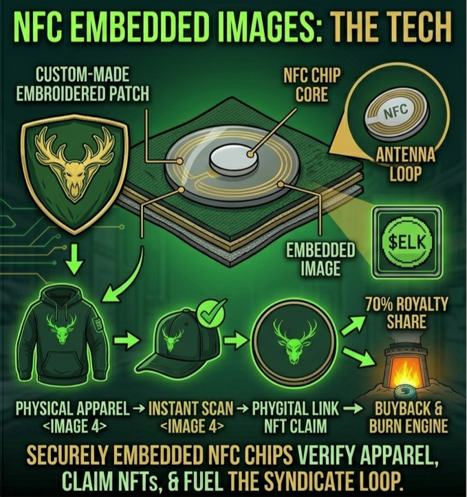 NFC Embedded Tech — chip core, antenna loop, embroidered patch linking apparel to NFT and Buyback & Burn engine